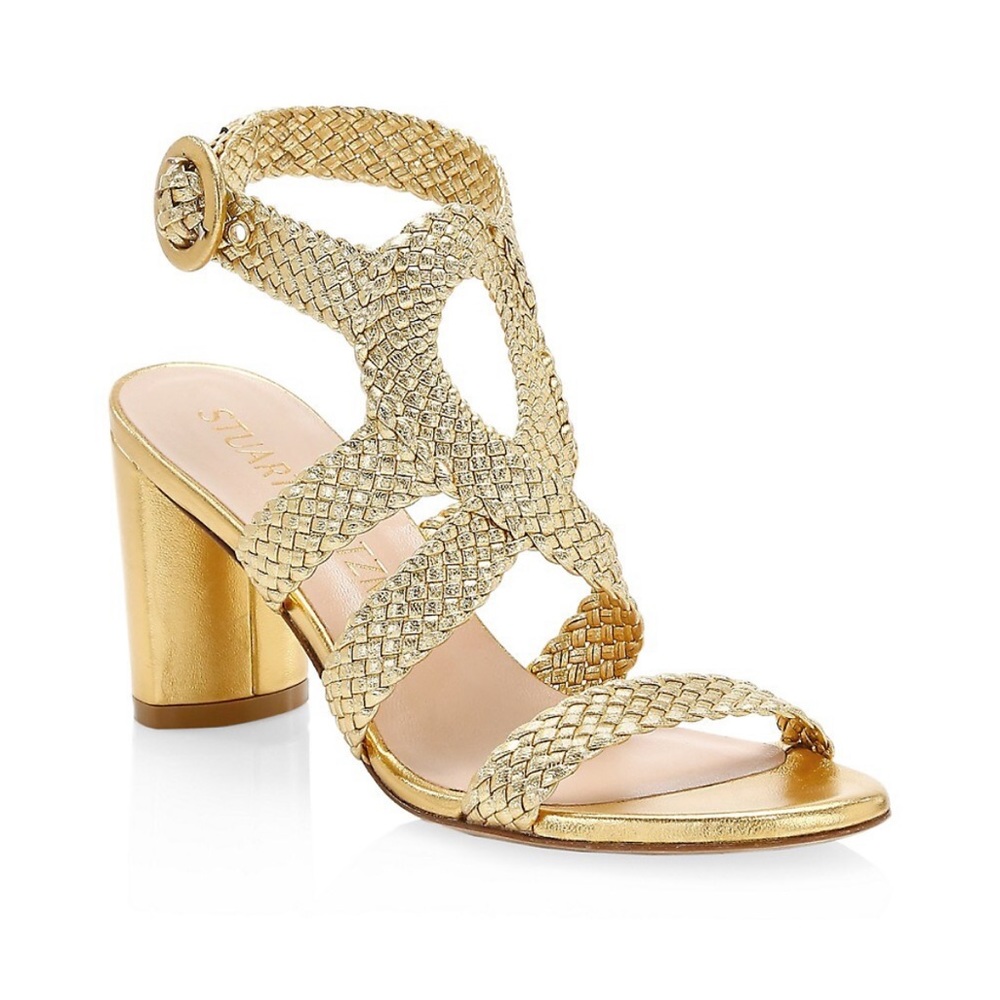 Stuart Weitzman Like New Vicky Woven Gold Metallic Leather Sandals Size 7.5